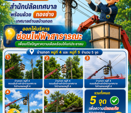 วันที่ 4 มิถุนายน 2569  เวลา 10.15 น. สำนักปลัดเทศบาล พร้อมด้วยกองช่างเทศบาลตำบลบ้านกอก ออกให้บริการซ่อมไฟฟ้าสาธารณะบ้านกอก หมู่ที่ 4 ถนนเส้นข้างสำนักงานเทศบาลไปบ้านกอกหมู่ที่ 4 และหน้าบ้านนายประหยัด สุขเกษม บ้านกอก หมู่ที่ 5  จำนวน 5 จุด เพื่อแก้ไขปัญหาค